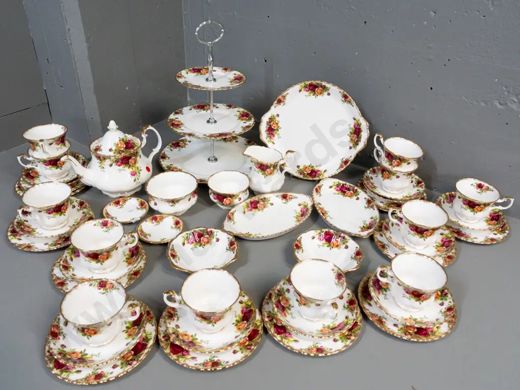 Royal Albert Old Country Roses tea set with extras - teapot, 12 trios, cake plate,3-tier cake stand, creamer, 2 sugars Image 1++