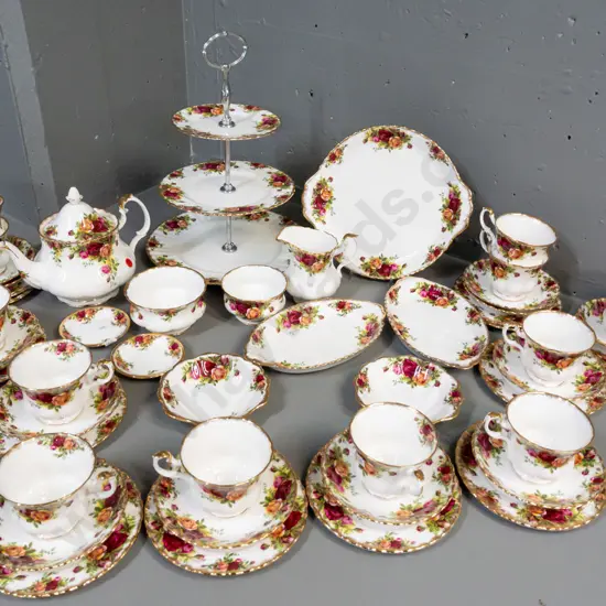 Royal Albert Old Country Roses tea set with extras - teapot, 12 trios, cake plate,3-tier cake stand, creamer, 2 sugars