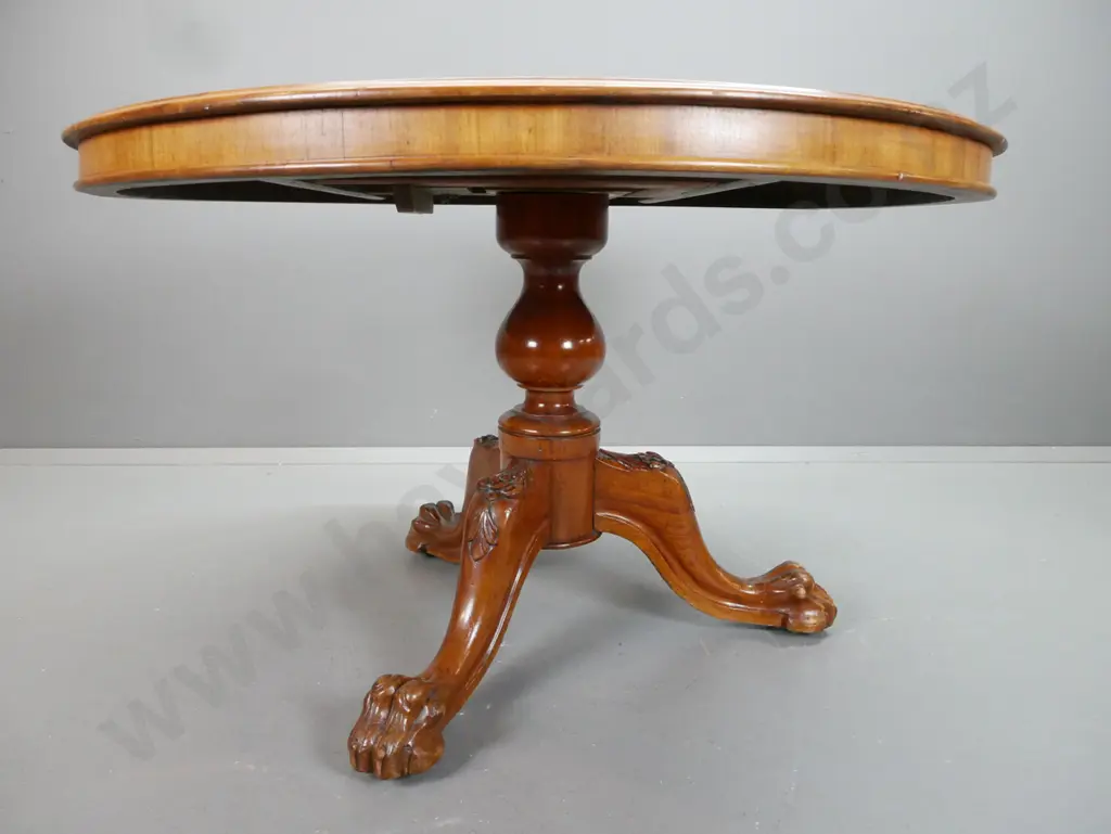 colonial cedar round breakfast table with tilt mechanism on turned pedestal base on 3 sweeping carved legs & lions paw Image 1++