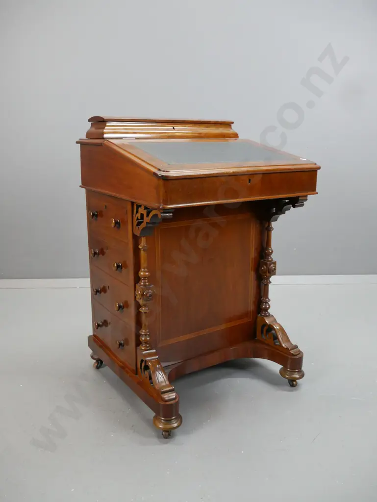 Victorian walnut Davenport desk with boxwood and cross banded kingwood veneer, slanted top with 3 small interior drawers Image 1++