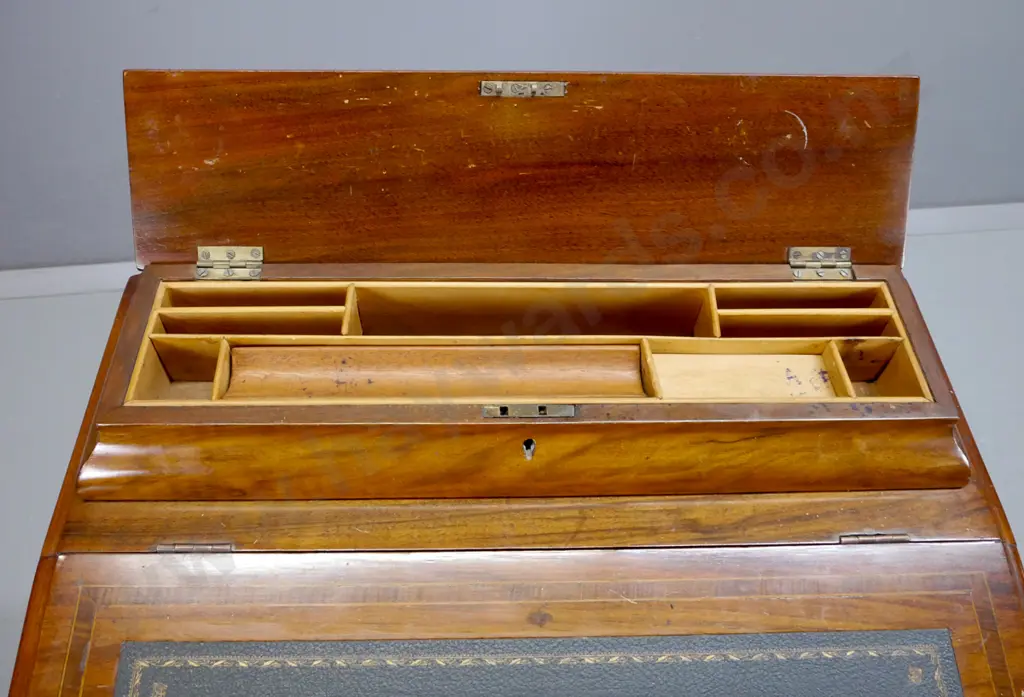 Victorian walnut Davenport desk with boxwood and cross banded kingwood veneer, slanted top with 3 small interior drawers Image 1++