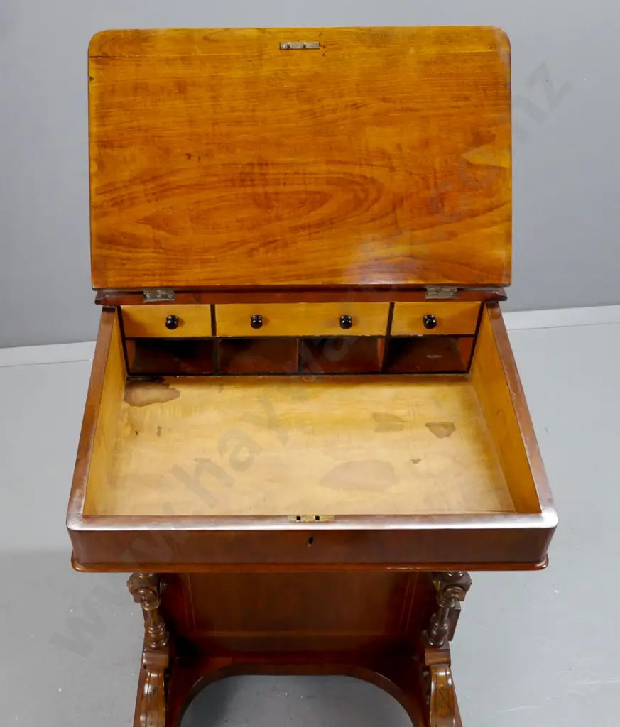 Victorian walnut Davenport desk with boxwood and cross banded kingwood veneer, slanted top with 3 small interior drawers Image 1++
