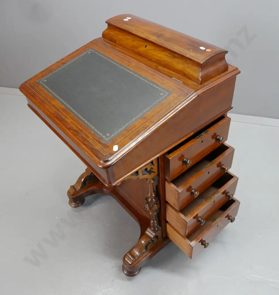 Victorian walnut Davenport desk with boxwood and cross banded kingwood veneer, slanted top with 3 small interior drawers Image 1++