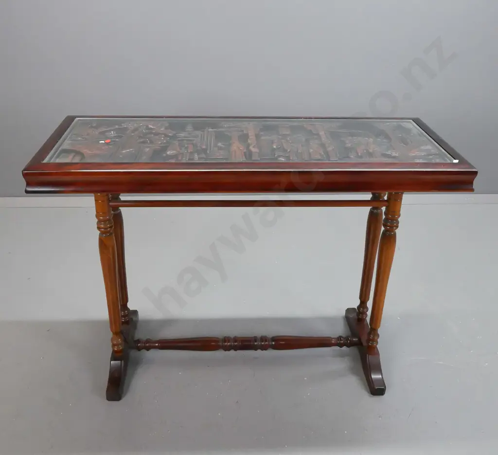 asian hardwood side table w/ carved scholar scene in top under inset glass top, on turned stretcher base with turned Image 1++