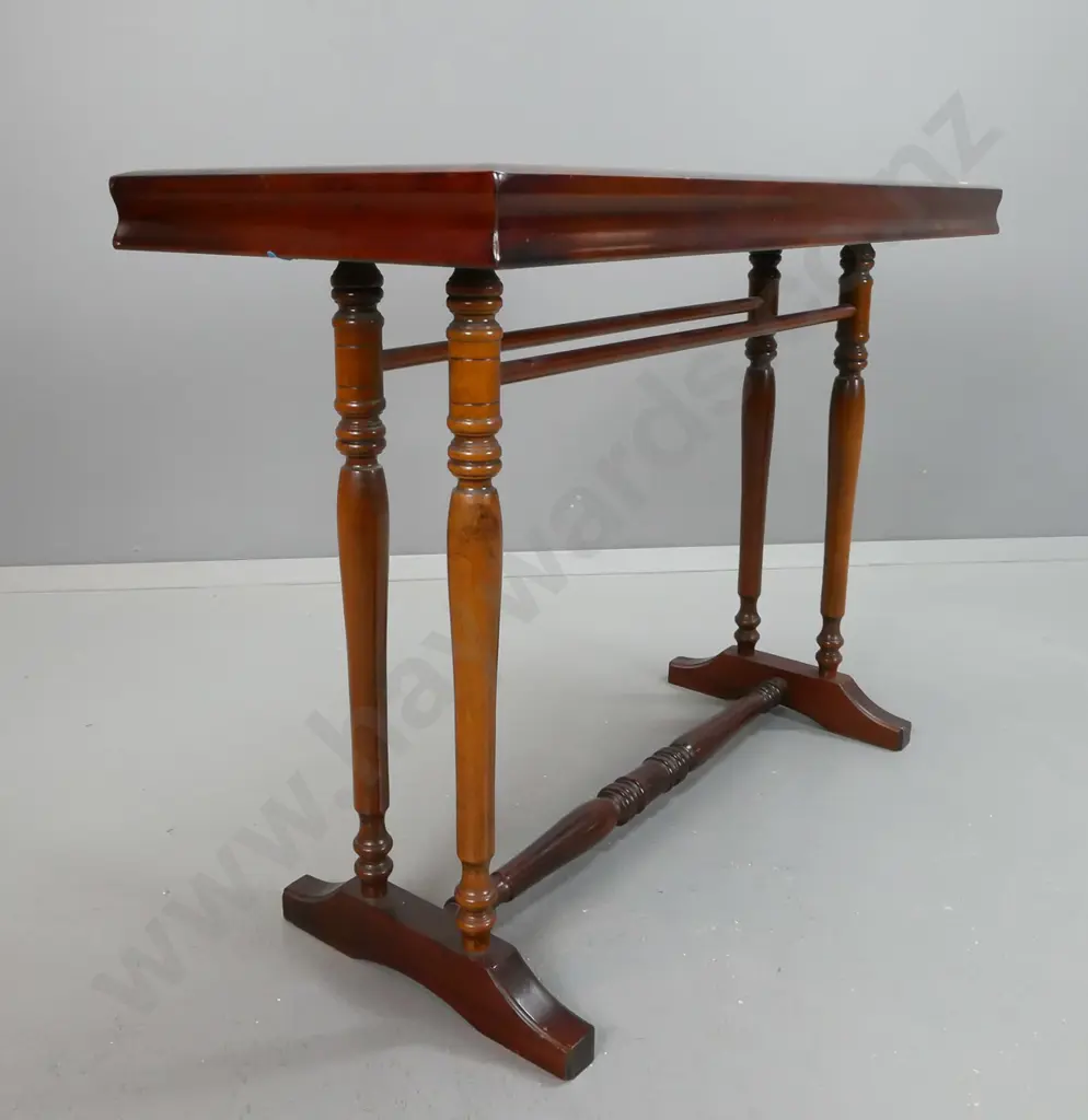 asian hardwood side table w/ carved scholar scene in top under inset glass top, on turned stretcher base with turned Image 1++