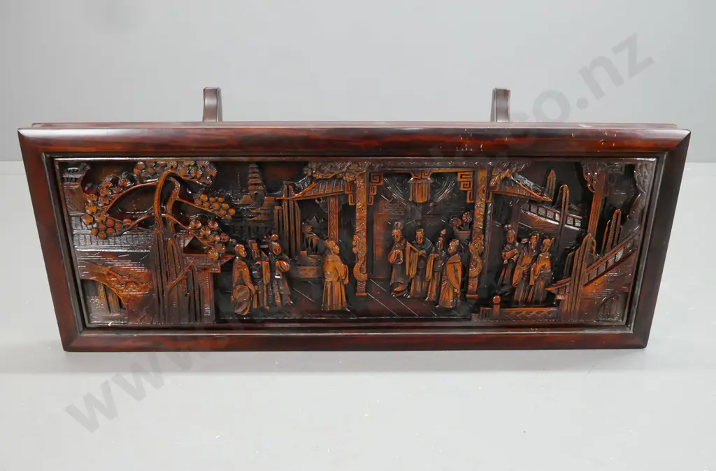 asian hardwood side table w/ carved scholar scene in top under inset glass top, on turned stretcher base with turned Image 1++