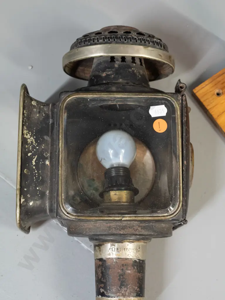 vintage carriage lantern with 2 clear windows and red glass lens - converted to electrical bulb fitting, needs Image 1++