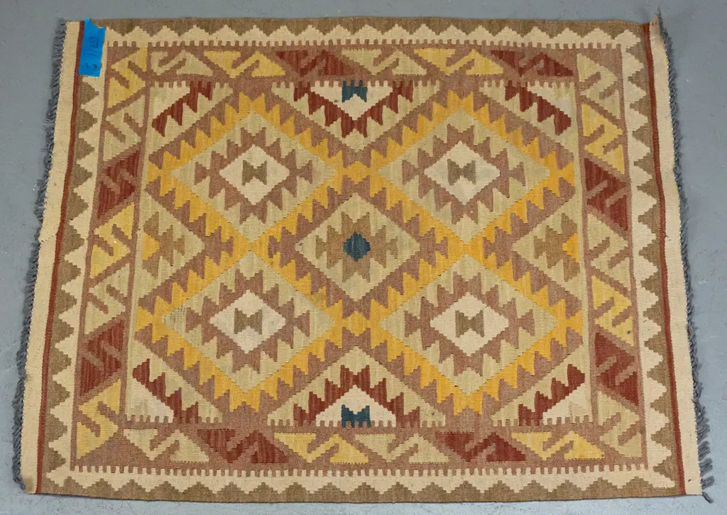 small wool flat weave kilim floor rug - fading and small repair, slightly uneven fringes L-1120 W-900 Image 1++