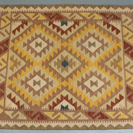 small wool flat weave kilim floor rug - fading and small repair, slightly uneven fringes L-1120 W-900