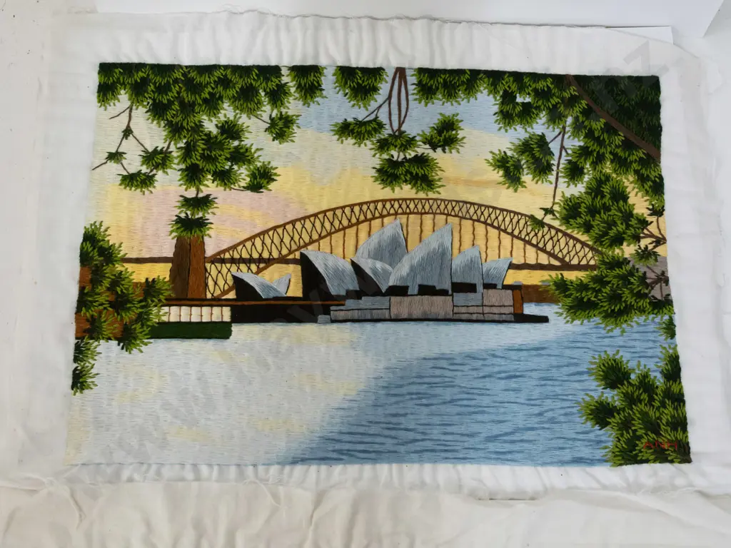 2 unframed needleworks on fabric - Sydney opera house & birds in floral scene, initialled ANH and HUE. H-360 W-500 Image 1++
