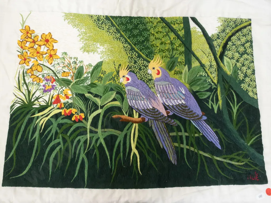 2 unframed needleworks on fabric - Sydney opera house & birds in floral scene, initialled ANH and HUE. H-360 W-500 Image 1++