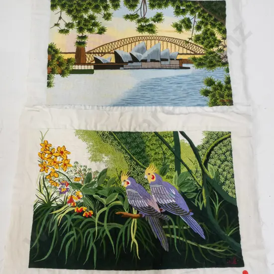 2 unframed needleworks on fabric - Sydney opera house & birds in floral scene, initialled ANH and HUE. H-360 W-500