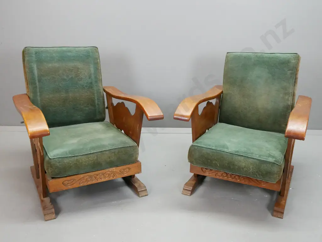 pair of oak Morris style lounge chairs with carved supports and sides, reclining backs with notched adjustment arms, Image 1++