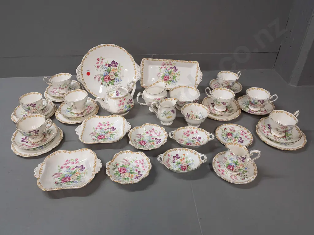 vintage Royal Albert "Nosegay" floral tea ware - 6 trios plus 2 cups & saucers, cake plate, sandwich tray, 2 jugs and 2 Image 1++