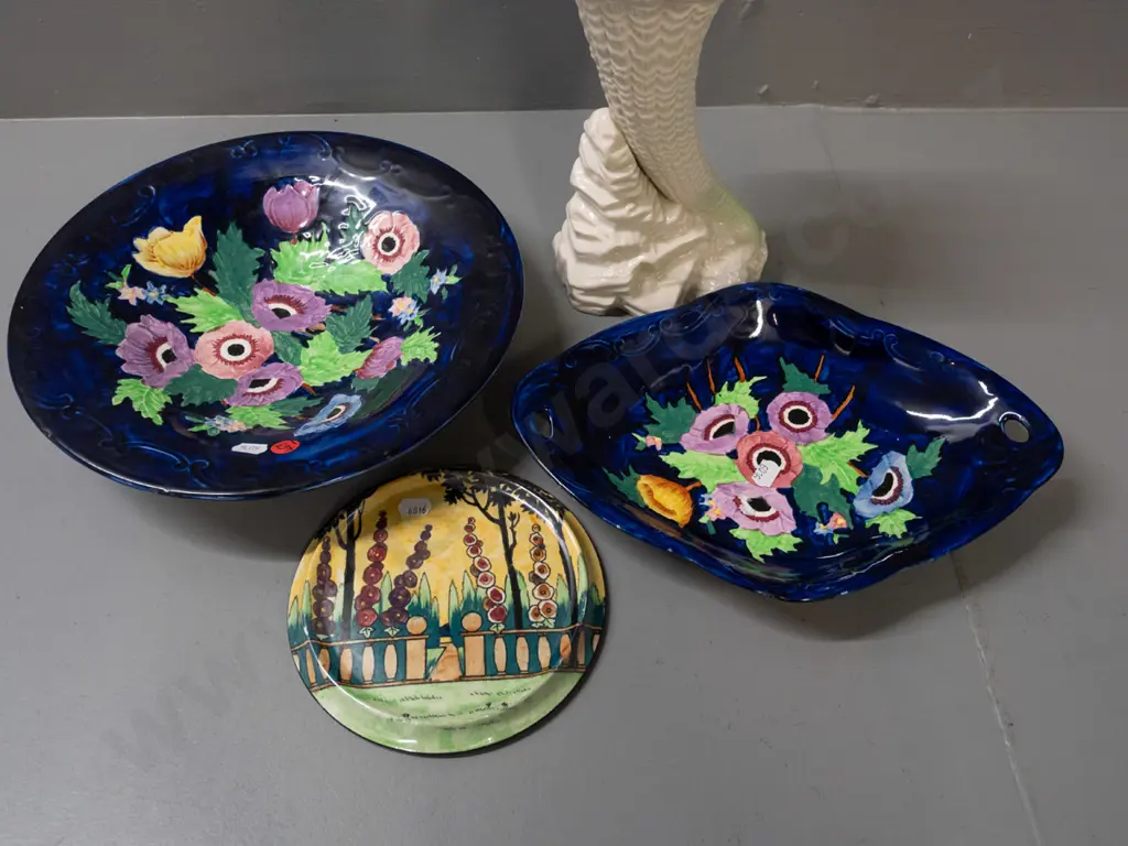 3 Maling china dishes, a Grimwades Byzanta teapot stand and a Belleek style cornucopia vase, no maker's marks - vase has Image 1++