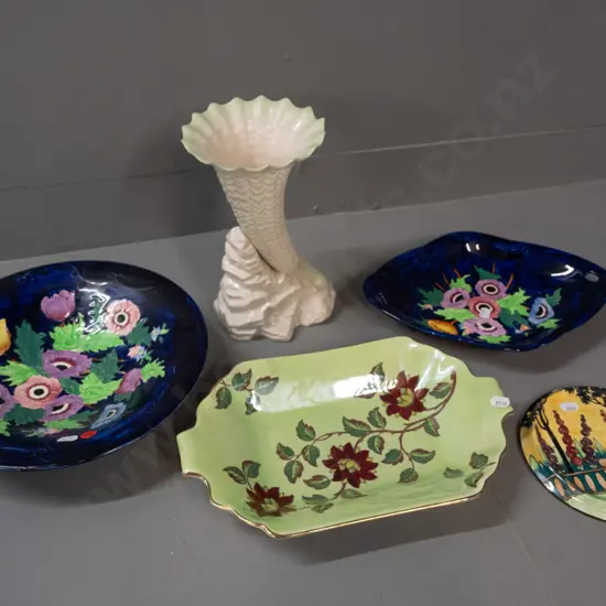 3 Maling china dishes, a Grimwades Byzanta teapot stand and a Belleek style cornucopia vase, no maker's marks - vase has