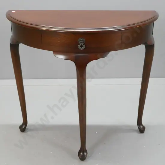 reproduction mahogany half round 3 legged hall table with cab legs, drawer w/ drop handle - minor scratching to top