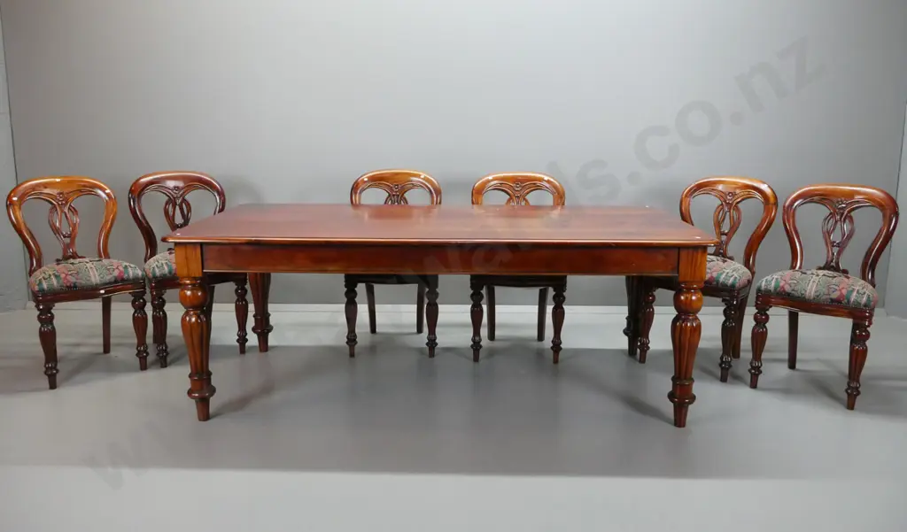 reproduction Victorian style mahogany dining table with turned & fluted legs, 6 admiralty style balloon back chairs w/ Image 1++
