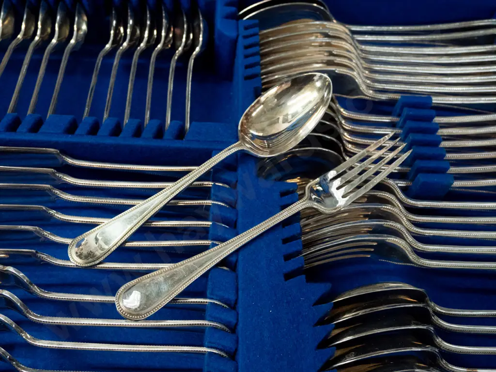 Mahogany cased EPNS cutlery set - bone-handled knives marked Sheffield Firth Stainless, working lock & key, missing the Image 1++