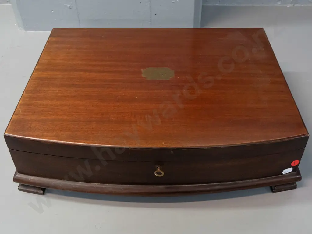 Mahogany cased EPNS cutlery set - bone-handled knives marked Sheffield Firth Stainless, working lock & key, missing the Image 1++