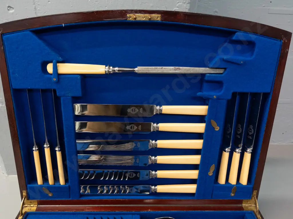 Mahogany cased EPNS cutlery set - bone-handled knives marked Sheffield Firth Stainless, working lock & key, missing the Image 1++