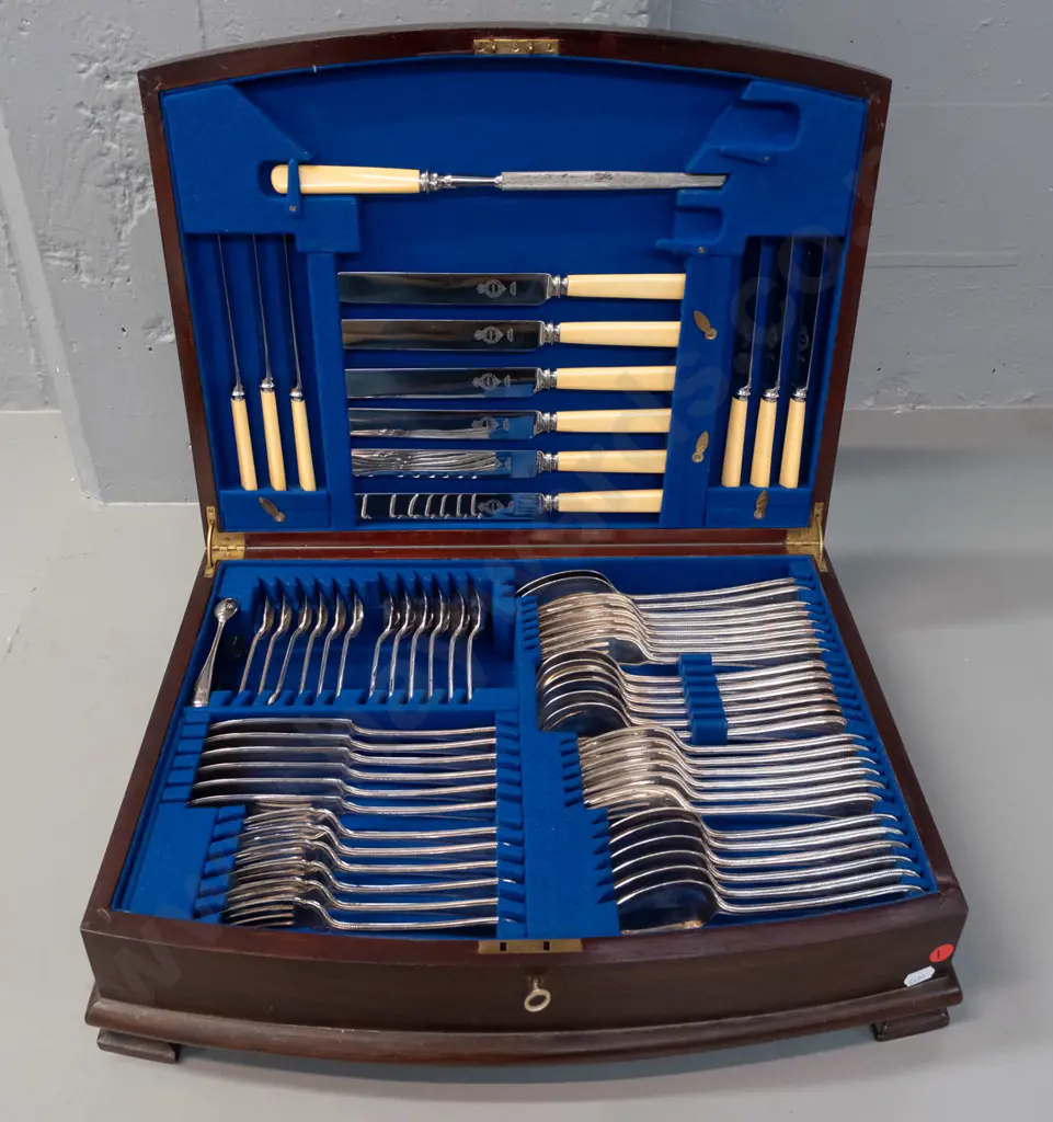Mahogany cased EPNS cutlery set - bone-handled knives marked Sheffield Firth Stainless, working lock & key, missing the Image 1++