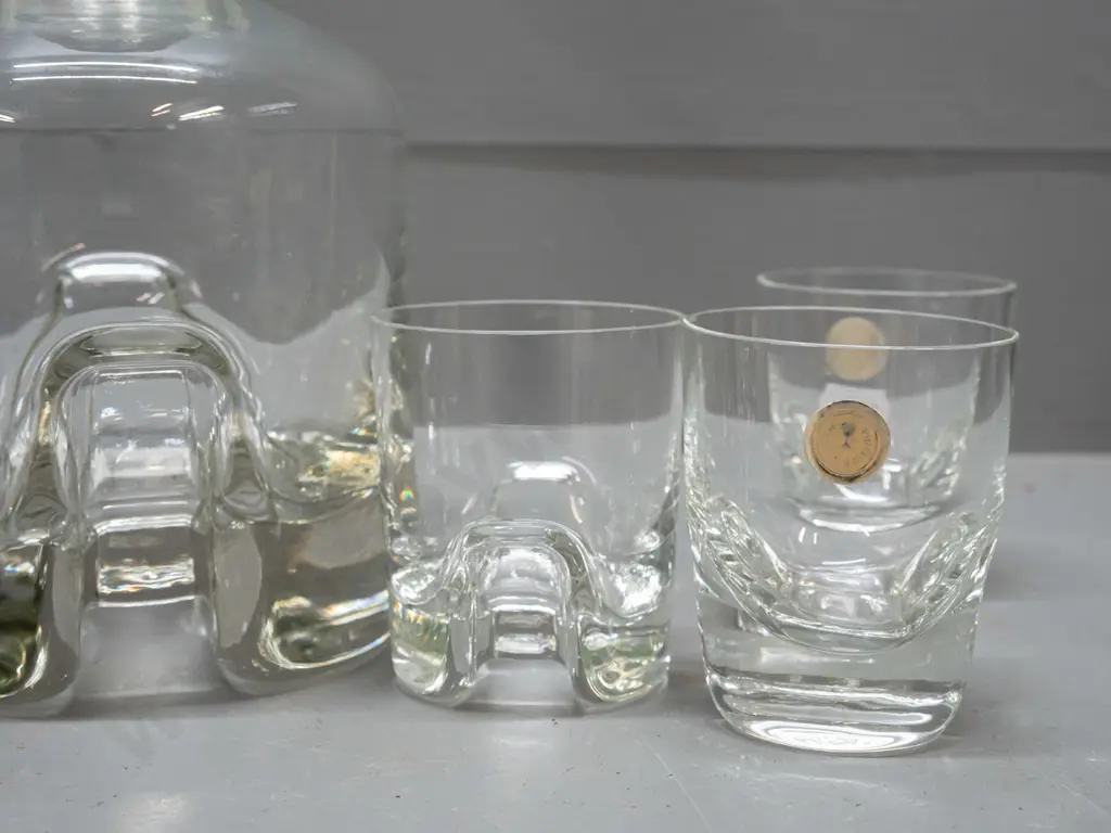 Romanian glass decanter and tumbler set with heavy geometric stepped bases - decanter H-270 Image 1++