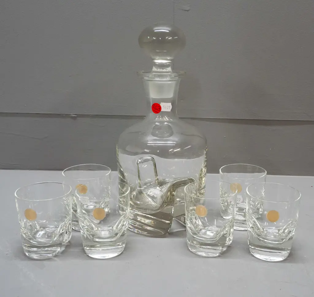 Romanian glass decanter and tumbler set with heavy geometric stepped bases - decanter H-270 Image 1++