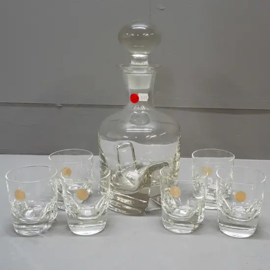 Romanian glass decanter and tumbler set with heavy geometric stepped bases - decanter H-270