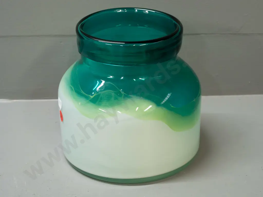 art glass vase with squat jar shape - white and green H-175 D-180 at base Image 1++