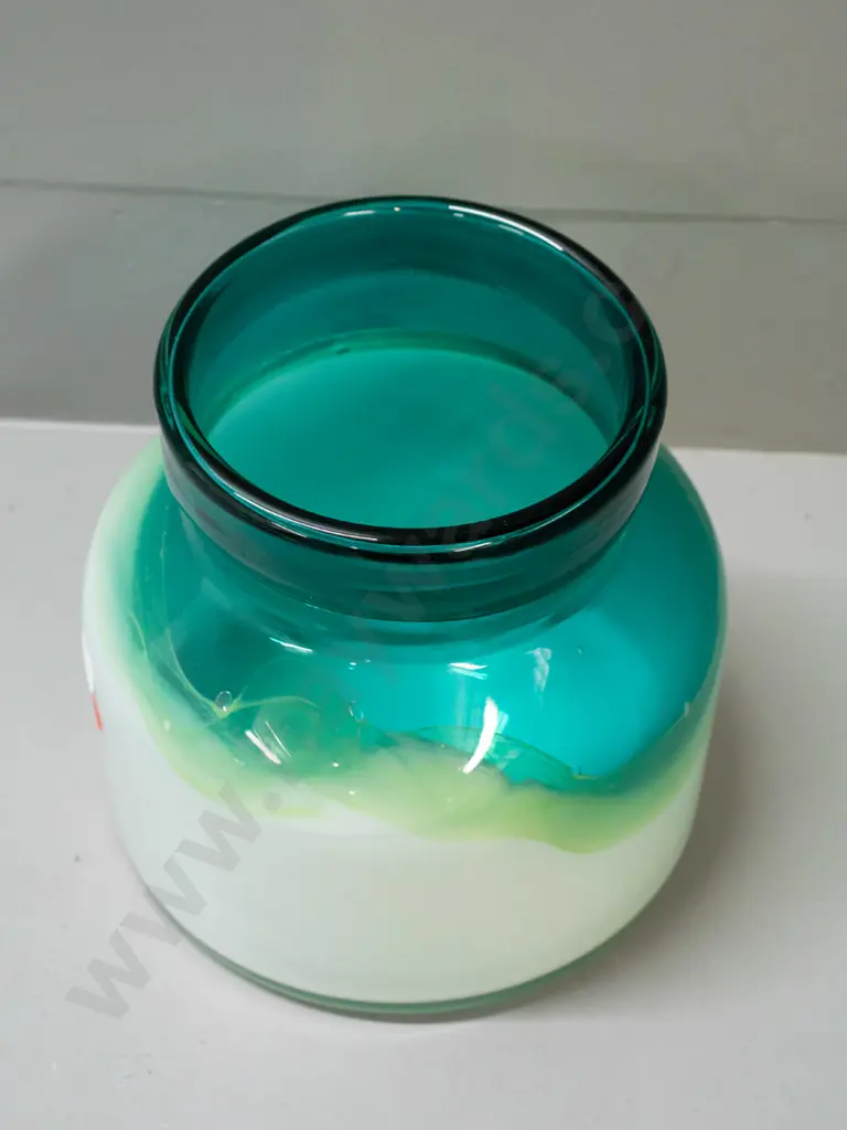 art glass vase with squat jar shape - white and green H-175 D-180 at base Image 1++