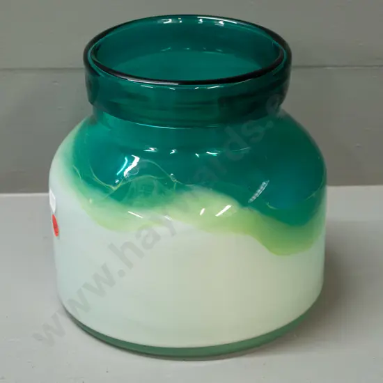 art glass vase with squat jar shape - white and green H-175 D-180 at base