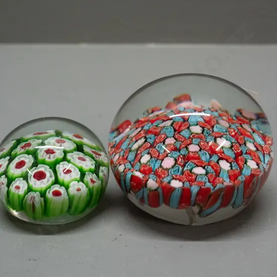 2x millefiore style glass paperweights Largest H65