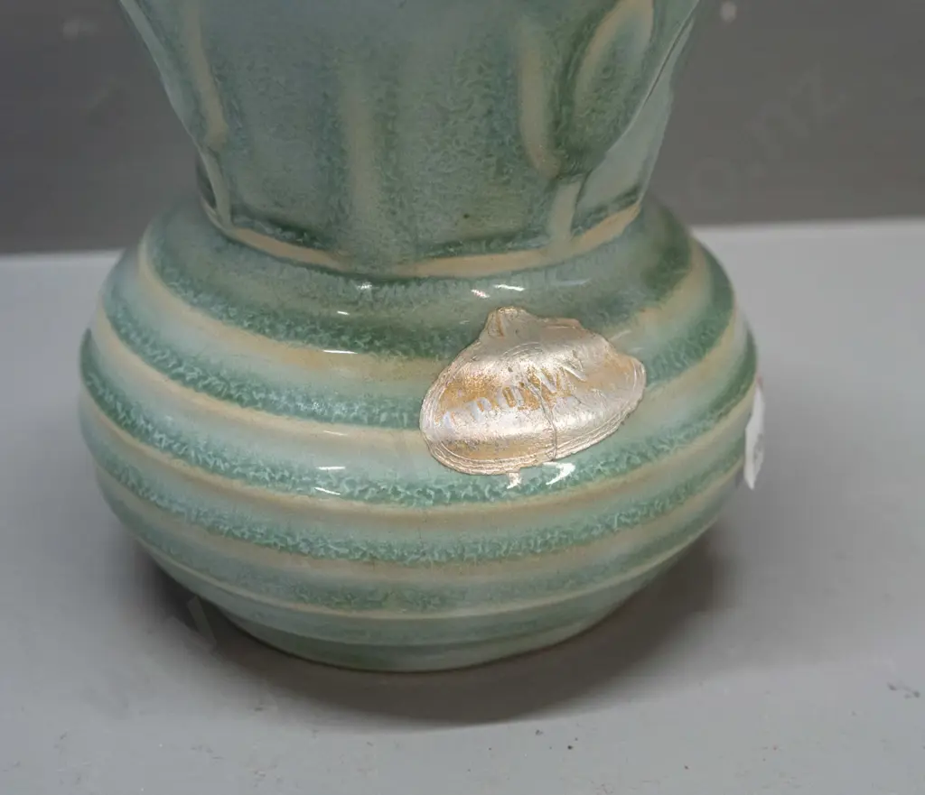 vintage Crown Lynn vase with worn sticker - shape number 82, with fraction mark on base - hairline crack at top rim, Image 1++