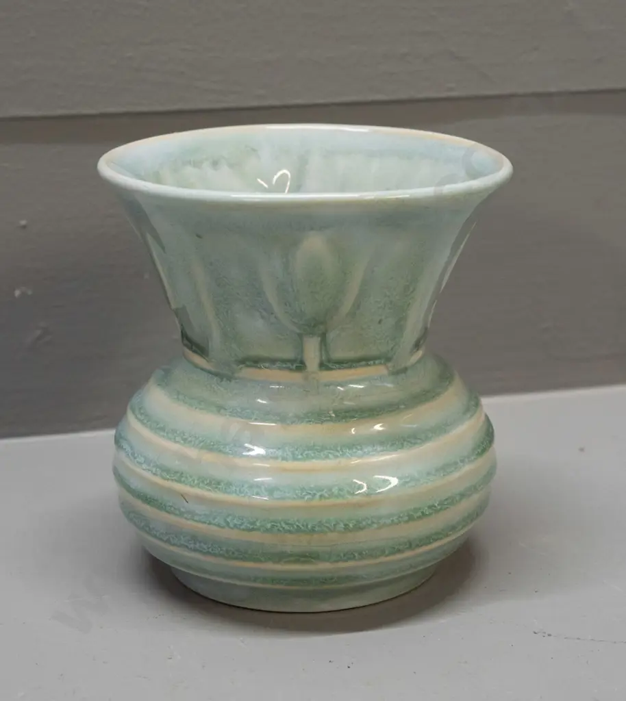 vintage Crown Lynn vase with worn sticker - shape number 82, with fraction mark on base - hairline crack at top rim, Image 1++