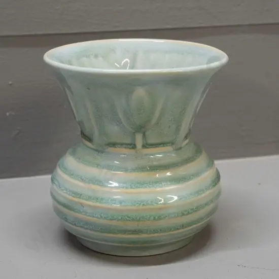 vintage Crown Lynn vase with worn sticker - shape number 82, with fraction mark on base - hairline crack at top rim,
