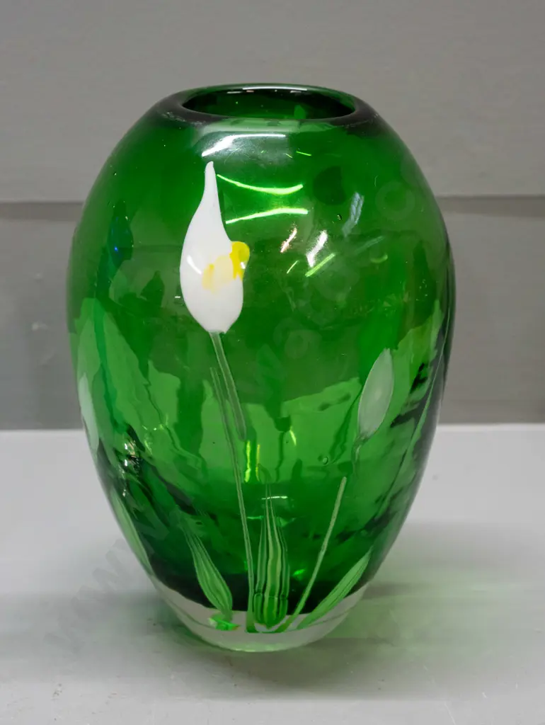 2 art glass vases - green with lilies and blue bud vase with clear base H-190 Image 1++