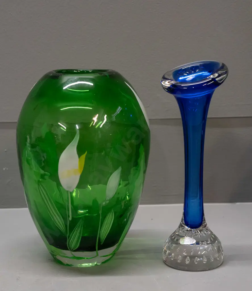2 art glass vases - green with lilies and blue bud vase with clear base H-190 Image 1++