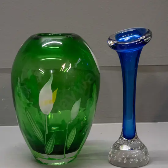 2 art glass vases - green with lilies and blue bud vase with clear base H-190