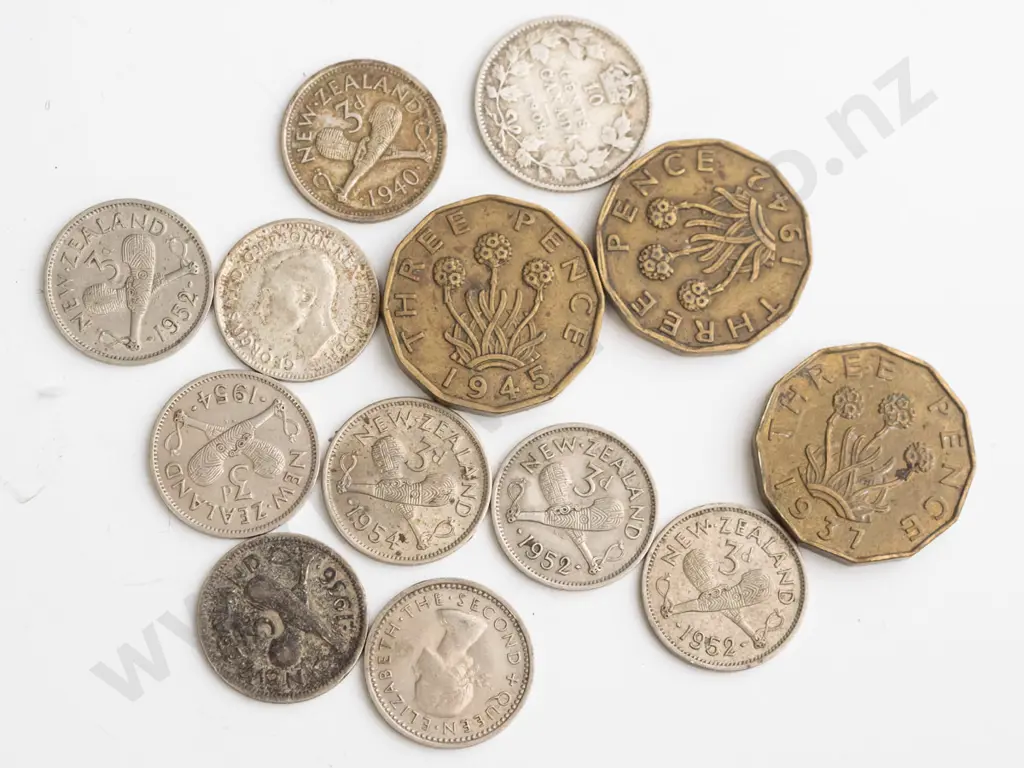 assorted vintage coins including American dimes and buffalo nickels, NZ and English three pence, pierced 1898 Otago Image 1++
