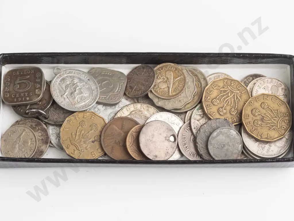 assorted vintage coins including American dimes and buffalo nickels, NZ and English three pence, pierced 1898 Otago Image 1++