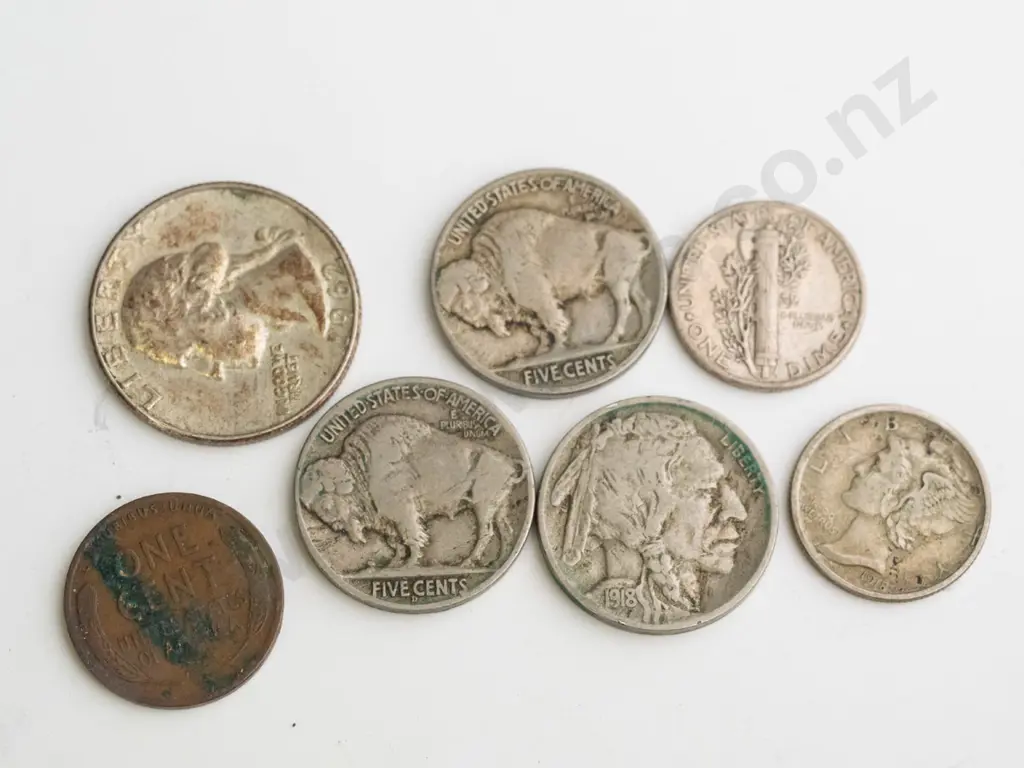 assorted vintage coins including American dimes and buffalo nickels, NZ and English three pence, pierced 1898 Otago Image 1++