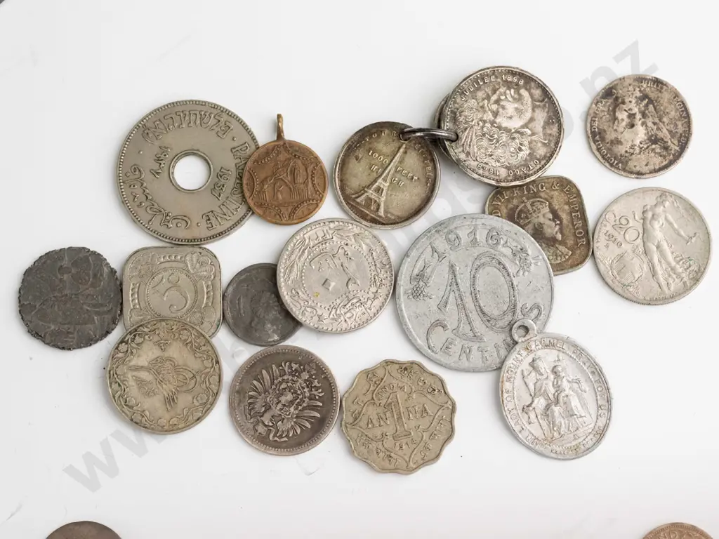 assorted vintage coins including American dimes and buffalo nickels, NZ and English three pence, pierced 1898 Otago Image 1++
