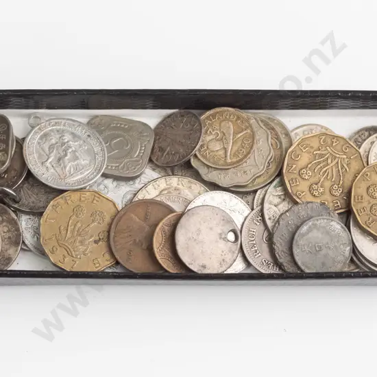 assorted vintage coins including American dimes and buffalo nickels, NZ and English three pence, pierced 1898 Otago