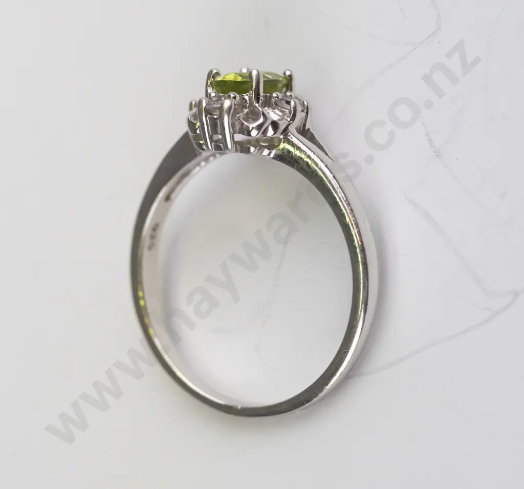 silver light green stone & cz ring stamped 925 Size T.5 Image 1++