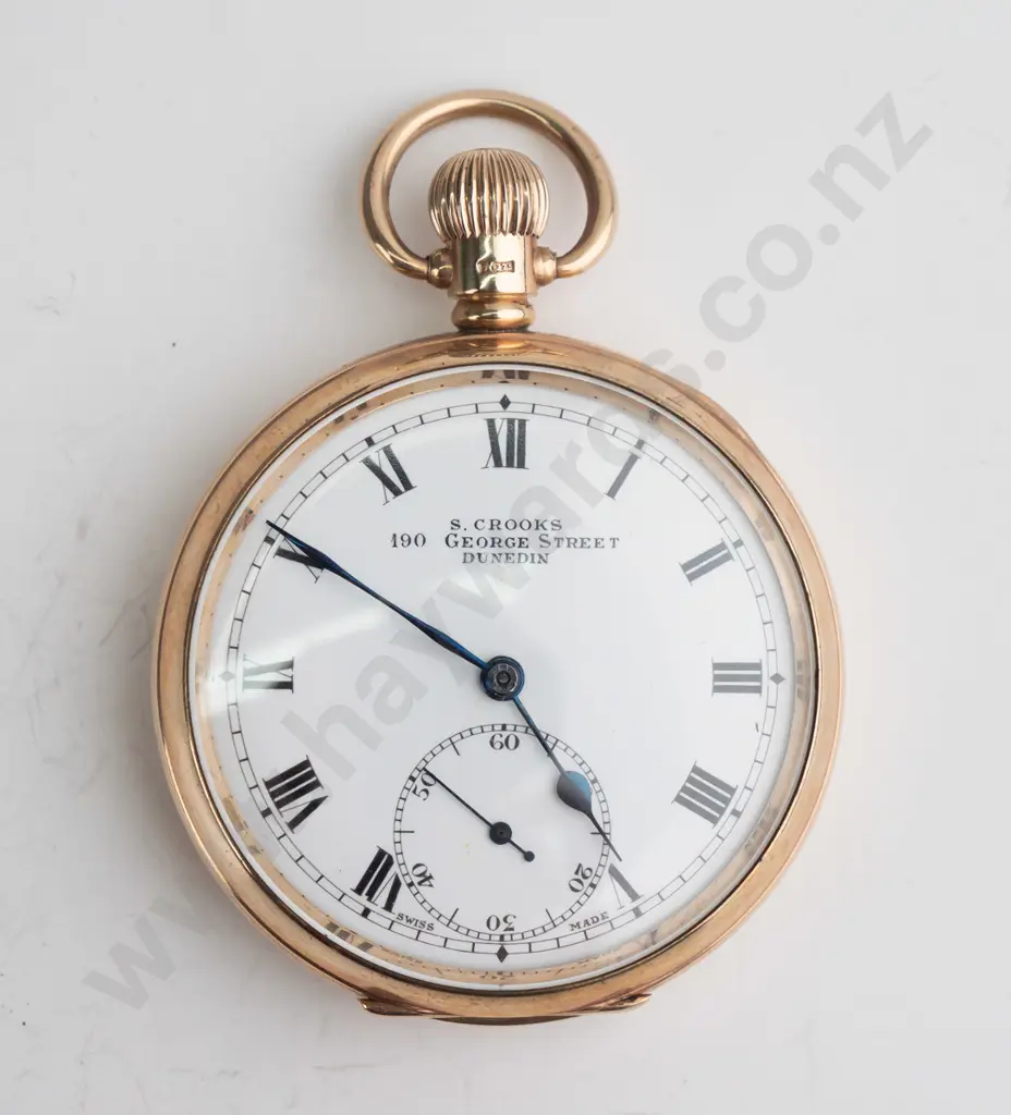 S Crooks 190 George Street Dunedin 9ct pocket watch (case, approx 36gm) Case No. 432848 Image 1++