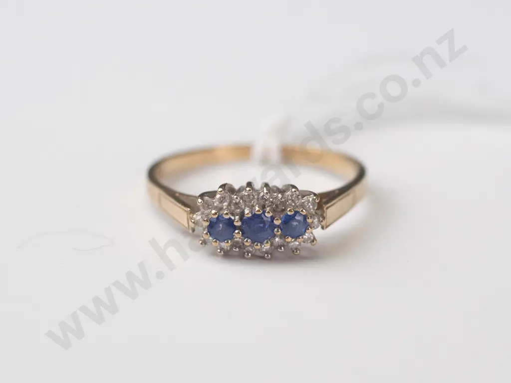 9ct multi cluster with 3 ceylon sapphires and diamonds 2.00gms Size Q.5 Image 1++