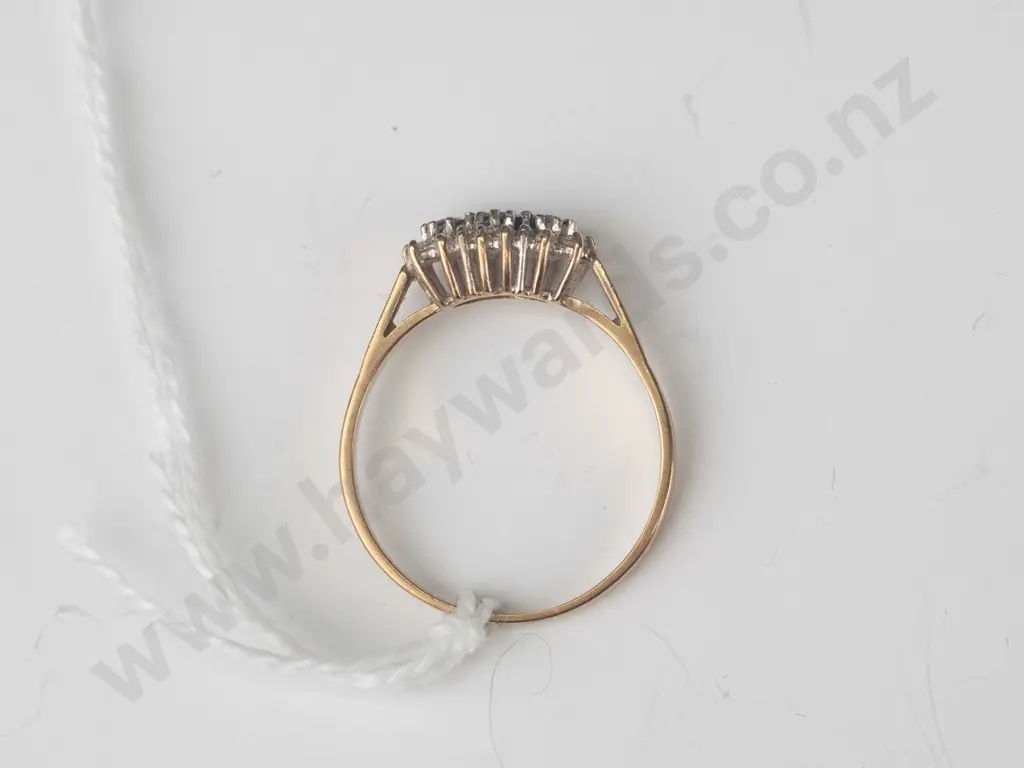 9ct multi cluster with 3 ceylon sapphires and diamonds 2.00gms Size Q.5 Image 1++