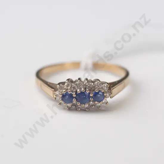 9ct multi cluster with 3 ceylon sapphires and diamonds 2.00gms Size Q.5