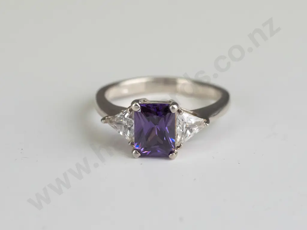 silver cz & amethyst ring stamped silver Size N.5 Image 1++